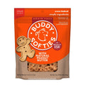Grain-free dog treat pouch with Buddy gingerbread mascot and natural peanut butter softies