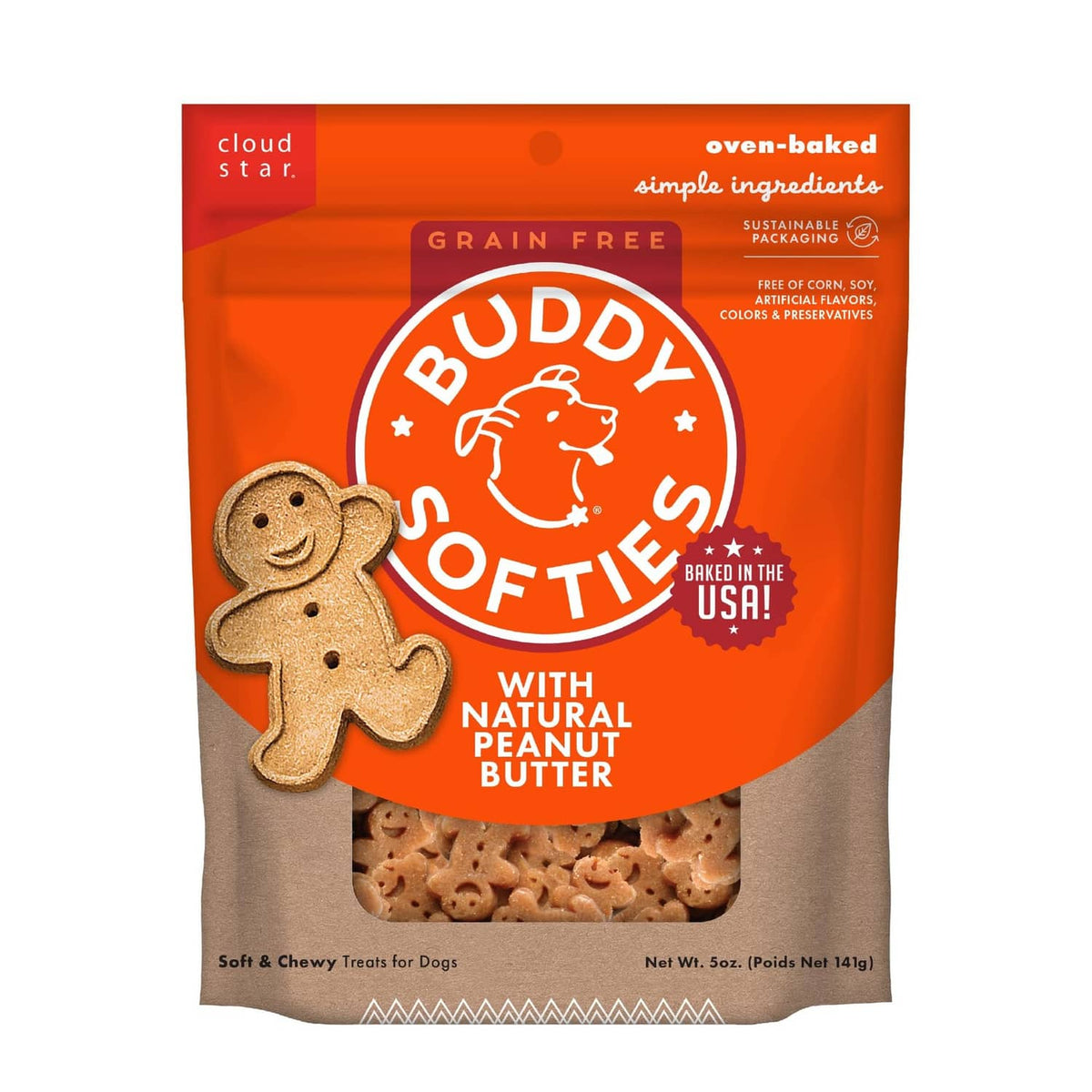 Grain-free dog treat pouch with Buddy gingerbread mascot and natural peanut butter softies