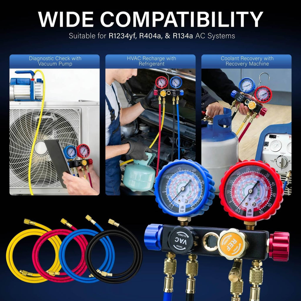 4-way manifold gauge set with two pressure gauges and multiple color-coded hoses