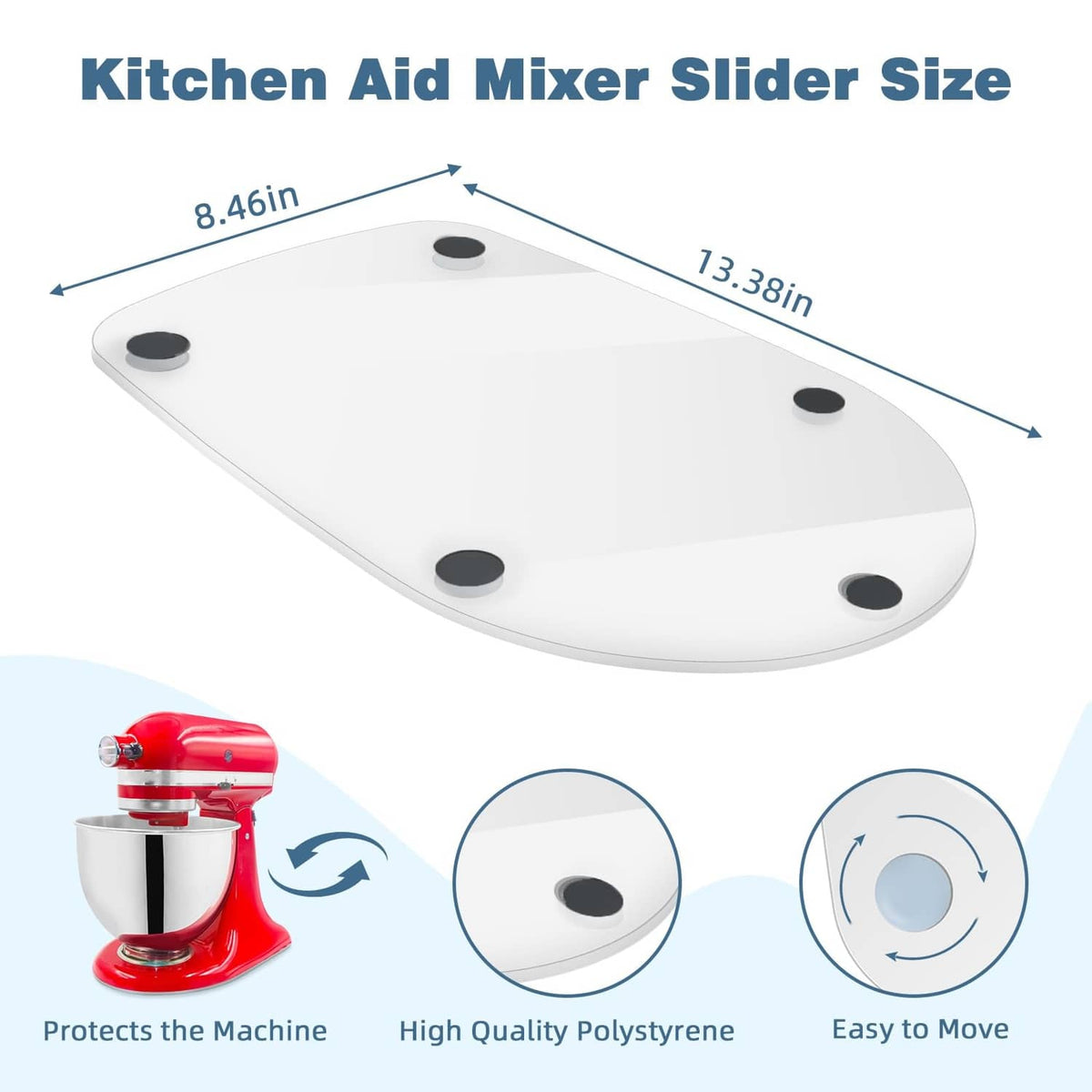 Clear KitchenAid mixer slider mat, 8.4 in by 13.3 in, four corner holes