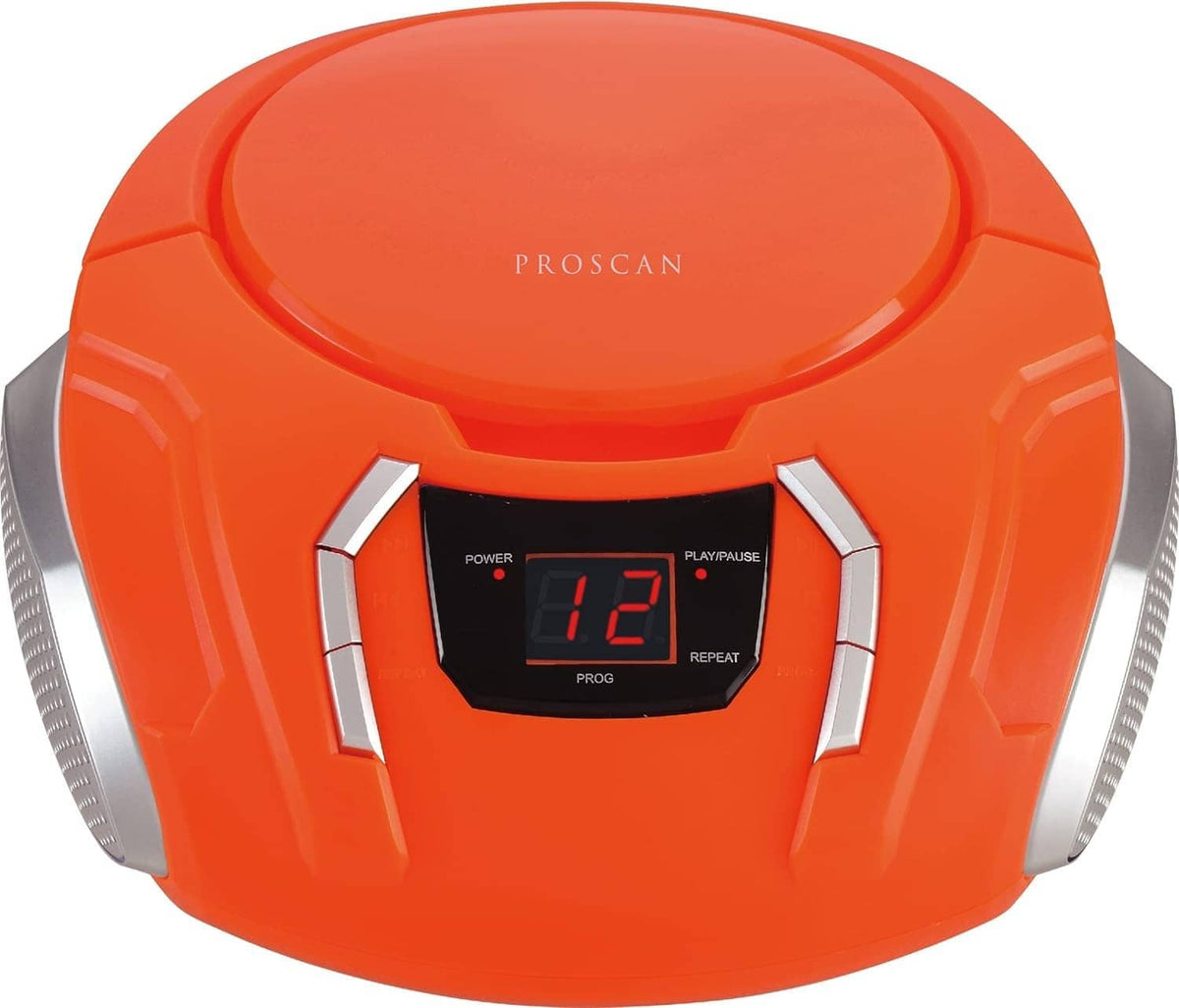 Orange portable CD player boombox with front LCD display and side speaker dials