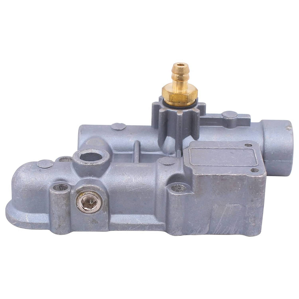 Pressure washer unloader manifold with brass inlet and side mounting holes on grey housing
