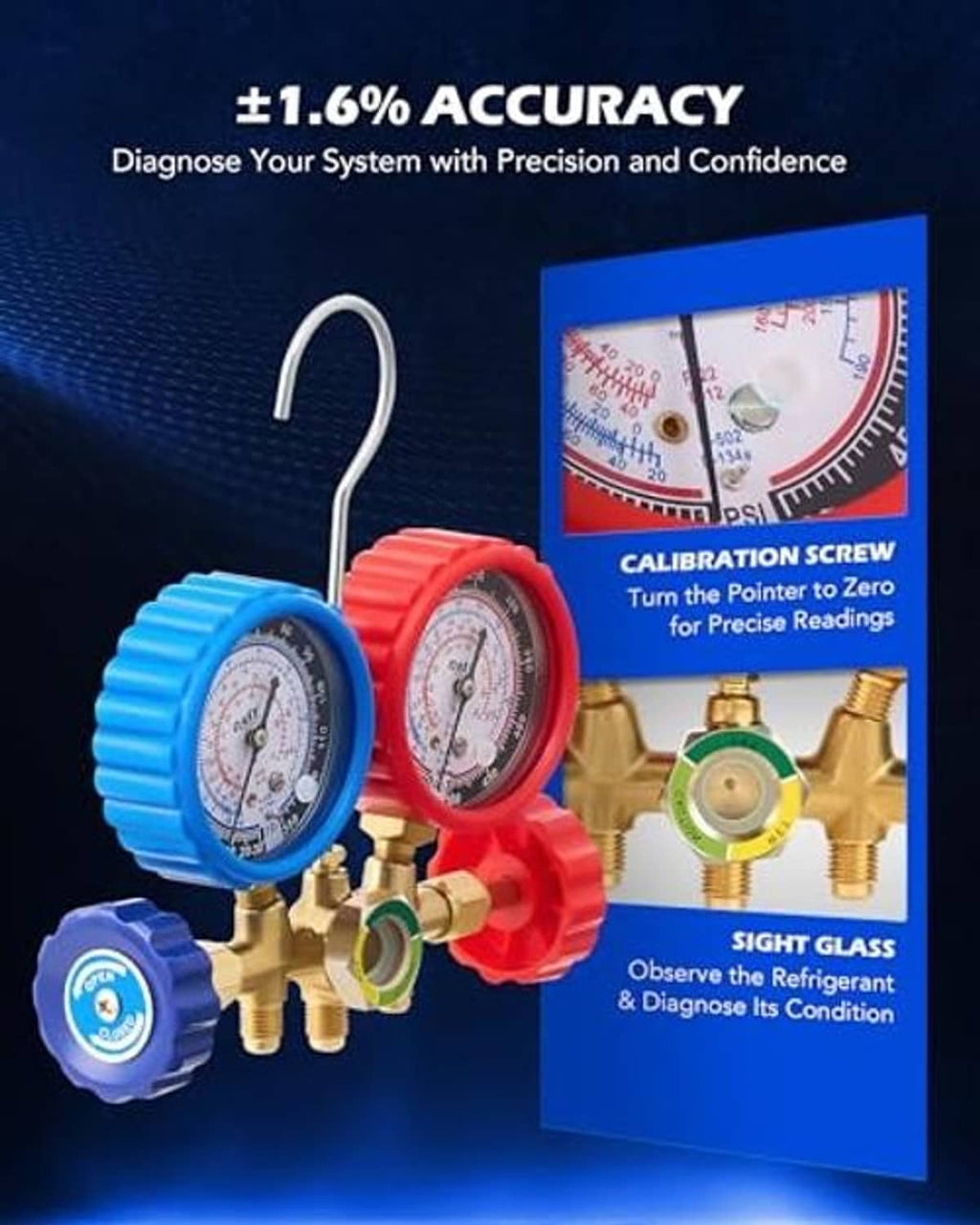 Manifold gauge set close-up with calibration screw, sight glass, and blue/red gauges