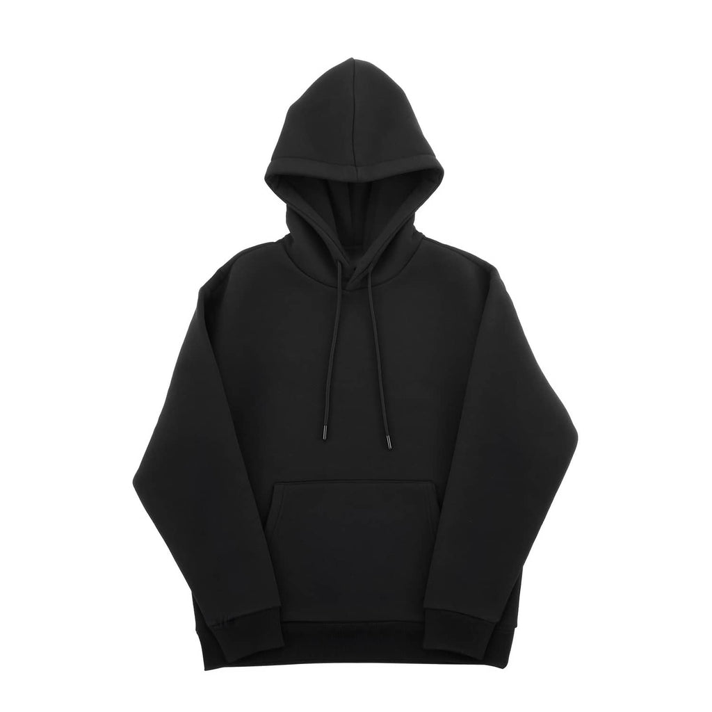 Black women's pullover hoodie with hood, drawstrings, and kangaroo pocket