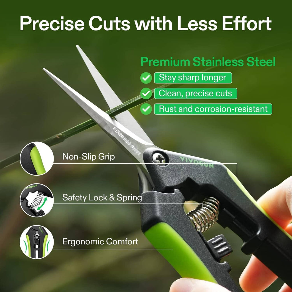 Garden scissors close-up with non-slip grip, black blade housing and green handle