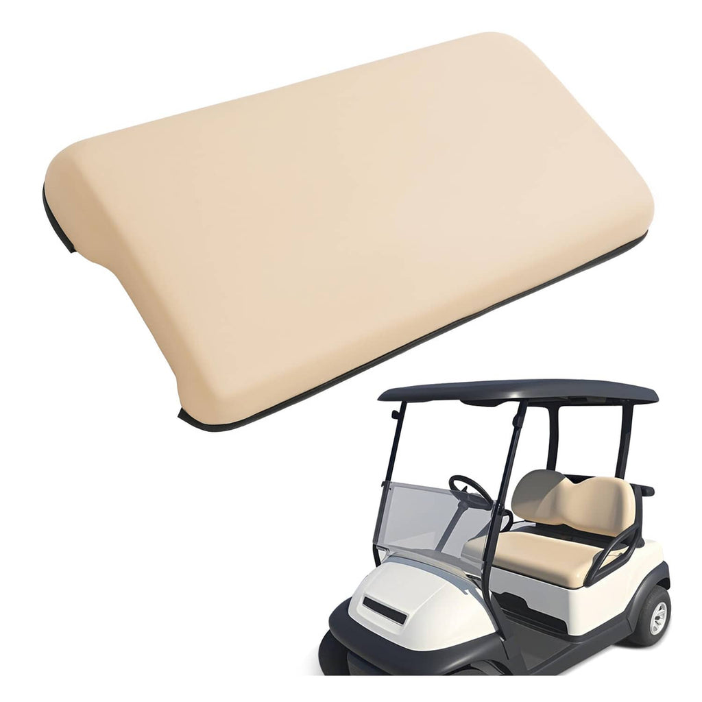 Beige front golf cart seat bottom cushion assembly with contoured edge and black trim