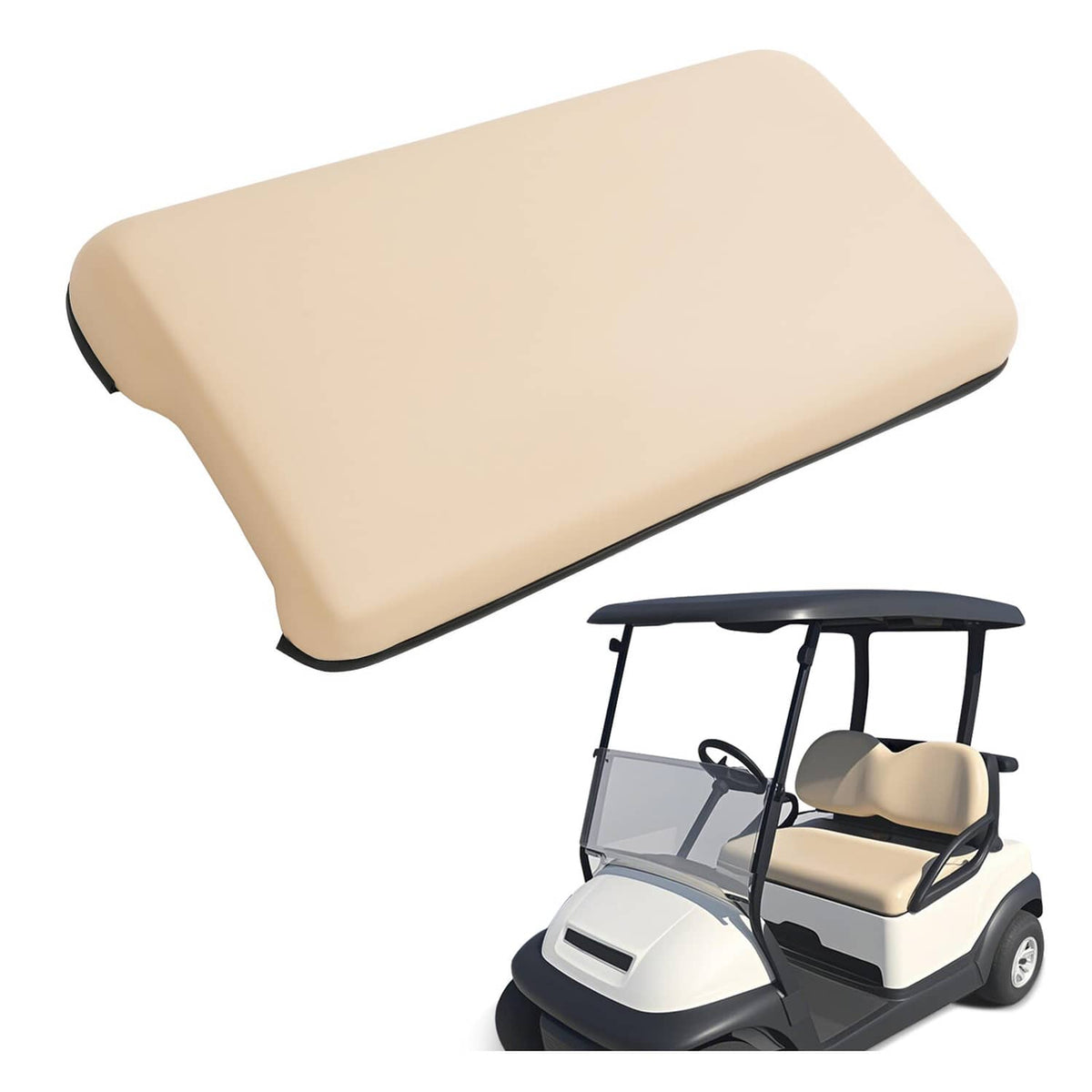 Beige front golf cart seat bottom cushion assembly with contoured edge and black trim