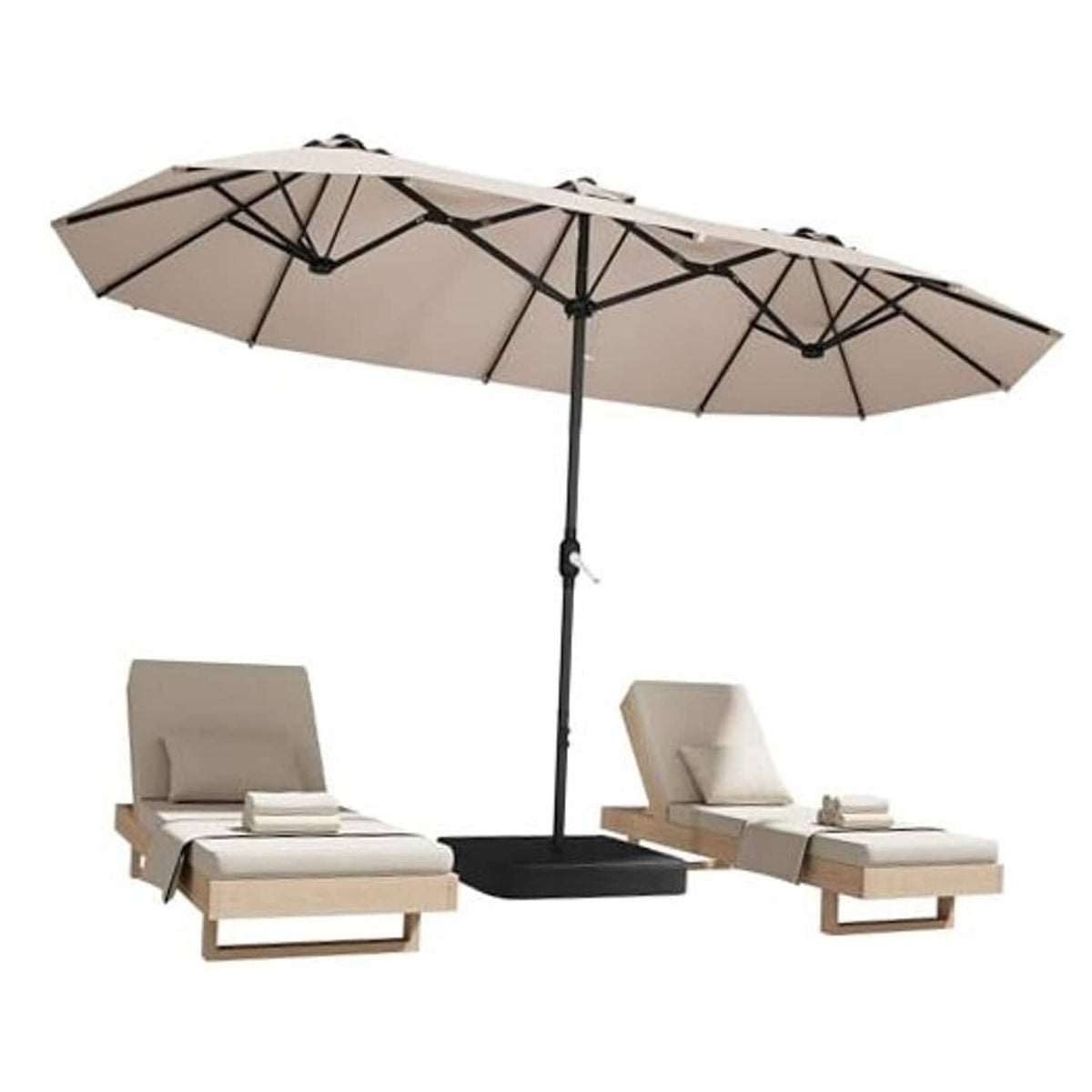 Rectangle patio umbrella with base, beige canopy and black steel frame