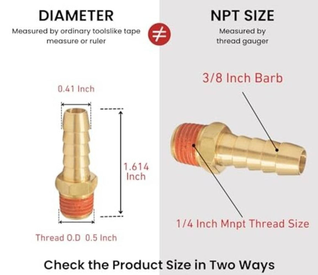 Brass air hose barb fitting, 3/8 in barb x 1/4 in NPT male thread, size view