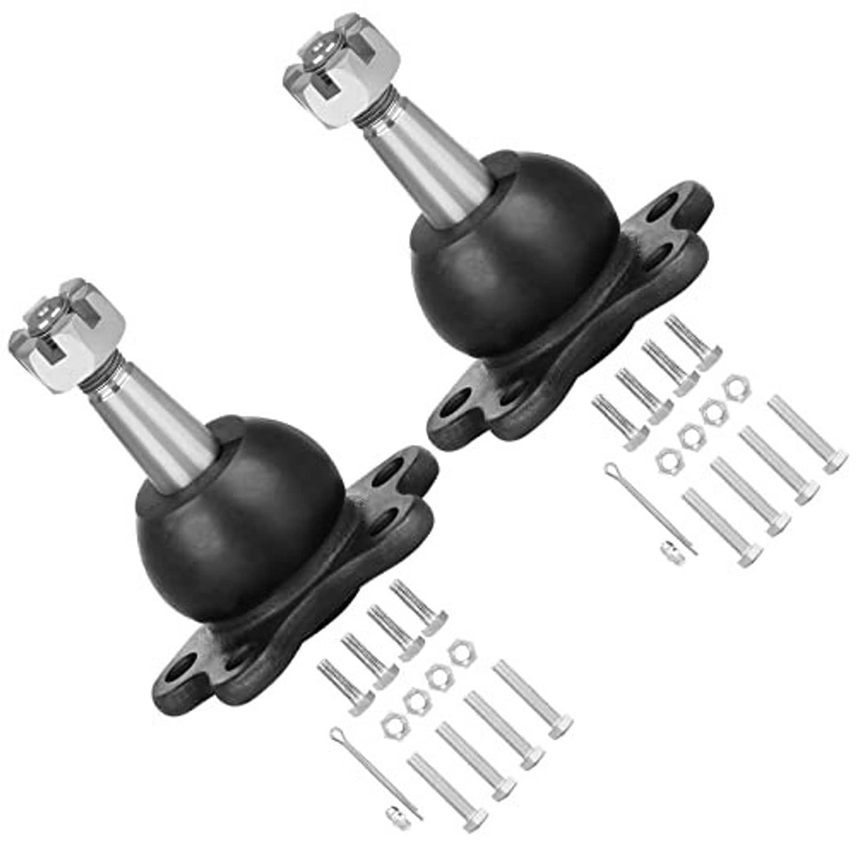 Front upper ball joint set with installation hardware: black boots, silver stems, 2-pack