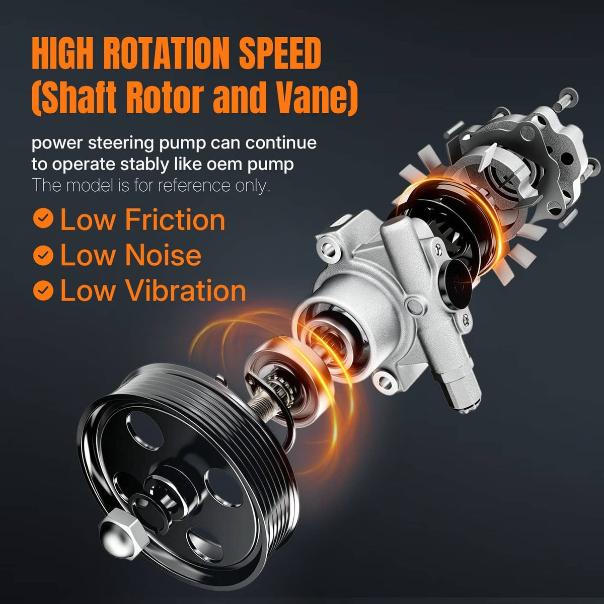 Power steering pump with black pulley and silver metal housing, angled view