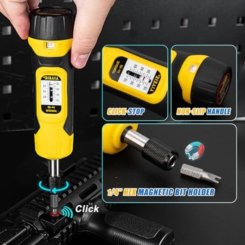 Yellow/black torque screwdriver inserting a bit into a socket set; shows bit holder