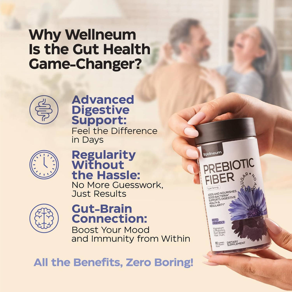 Wellneum prebiotic fiber gummy bottle held in hand, blueberry flavor, no sugar