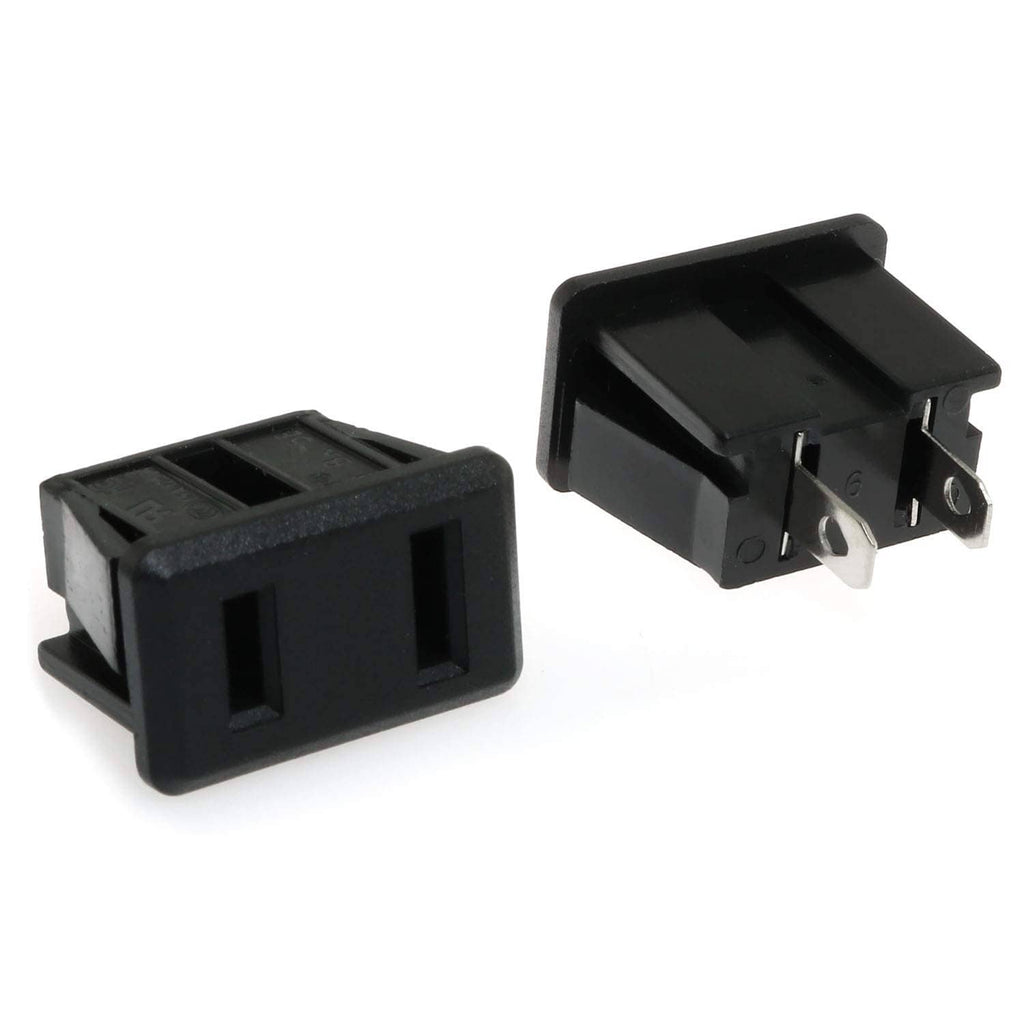 2-pin panel-mount power outlet socket, black housing with prongs, close-up
