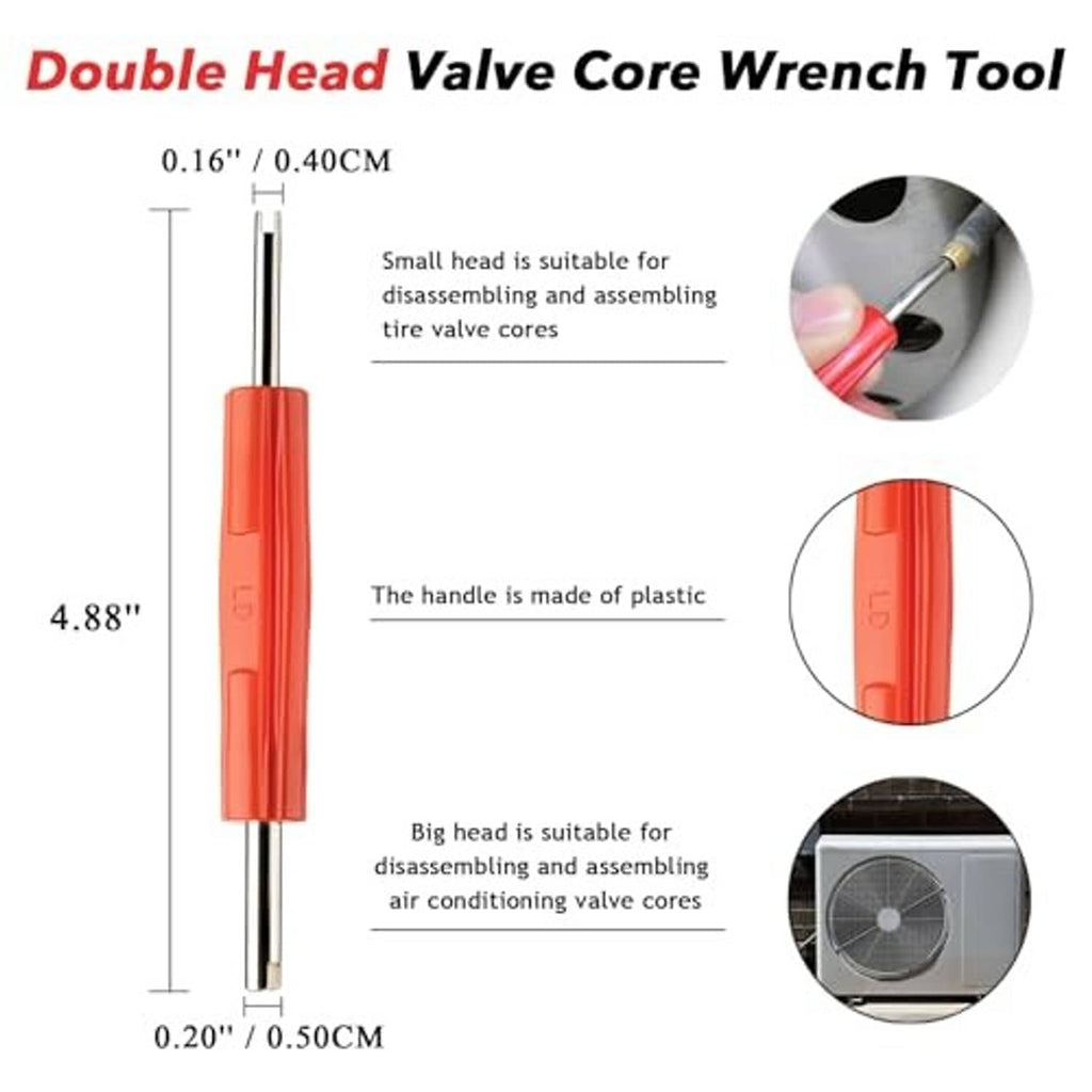 Double-head valve core wrench tool with orange handle and two steel prongs