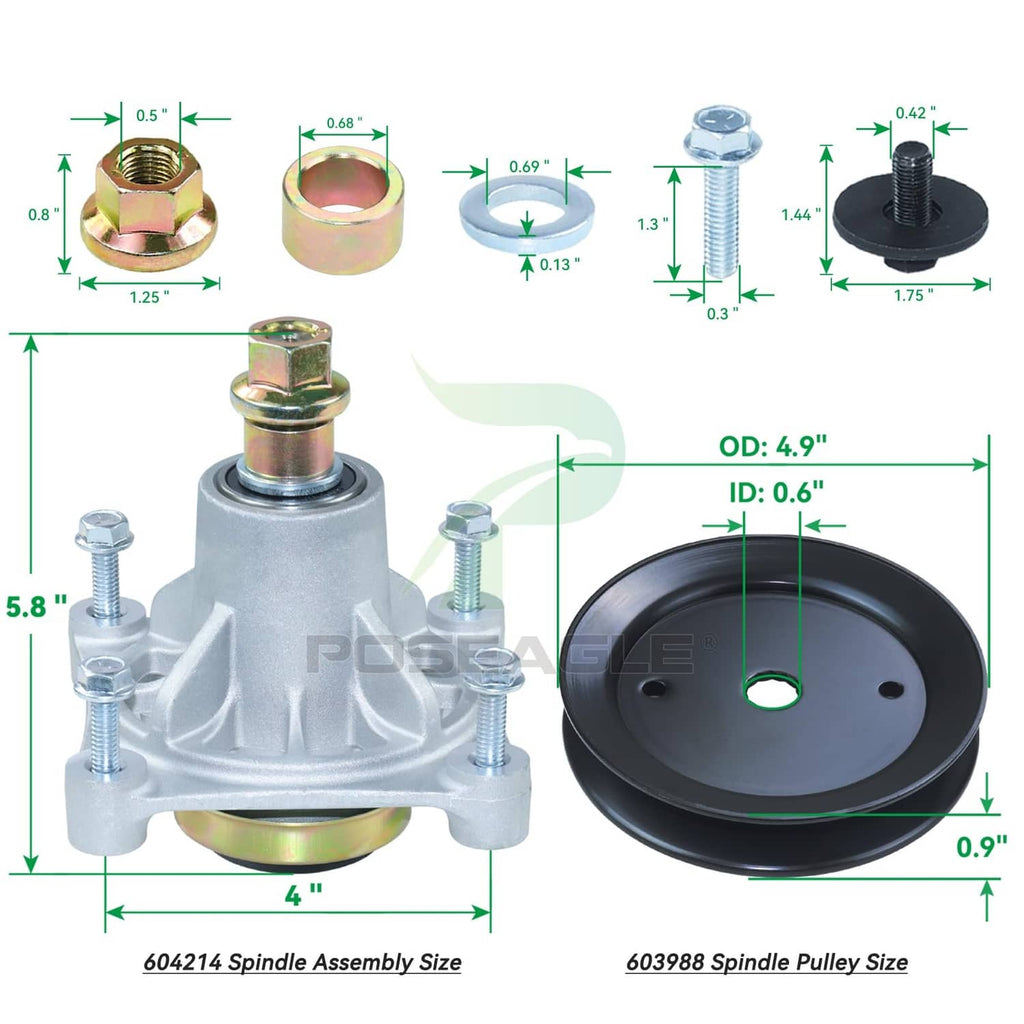 Spindle assembly and spindle pulley with key dimensions OD 4.9 in and ID 0.6 in