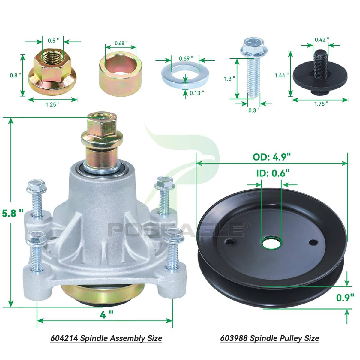 Spindle assembly and spindle pulley with key dimensions OD 4.9 in and ID 0.6 in