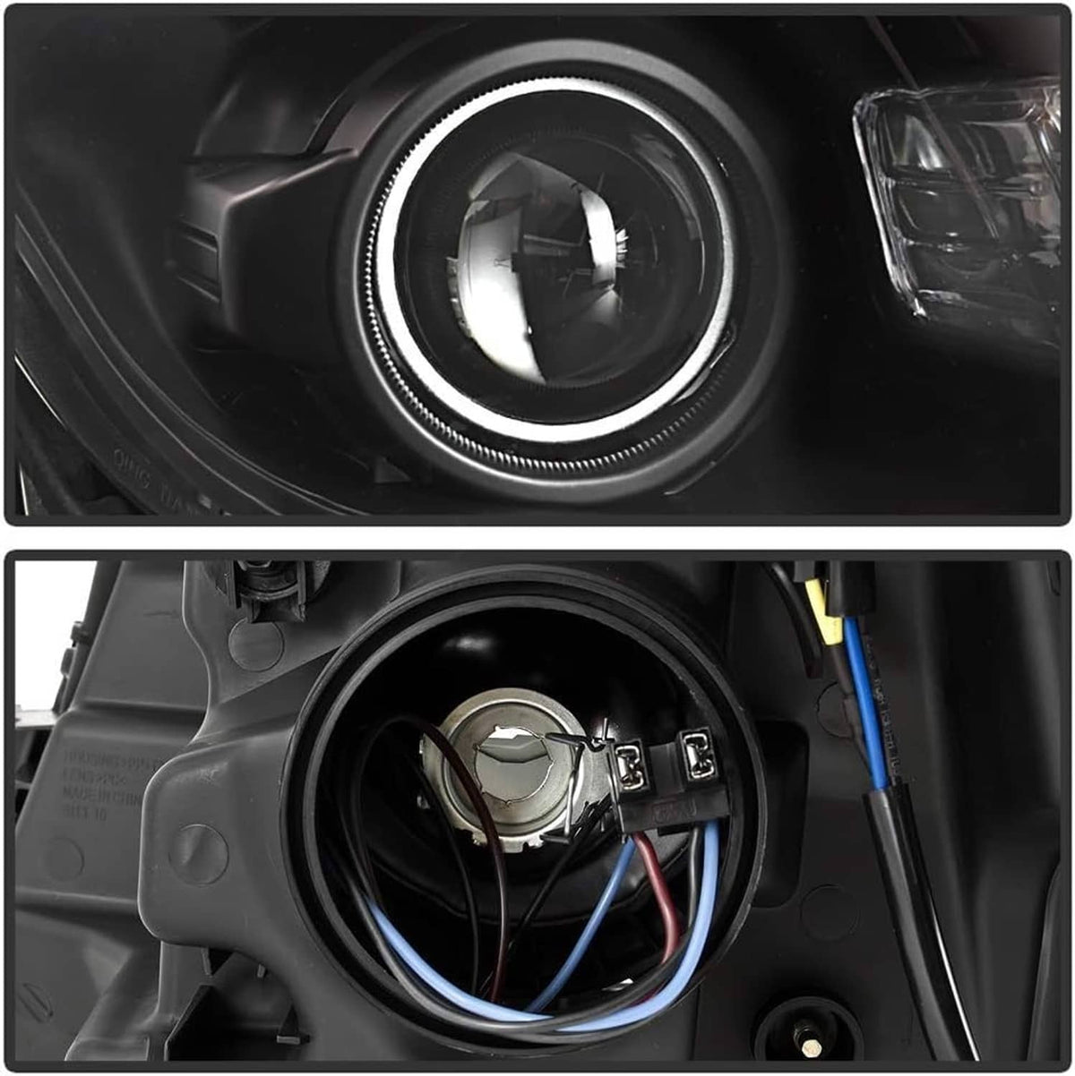 Projector headlight with round halogen bulb lens and clear glass ring, black housing