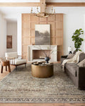 Vintage area rug with distressed medallion pattern in olive and charcoal tones