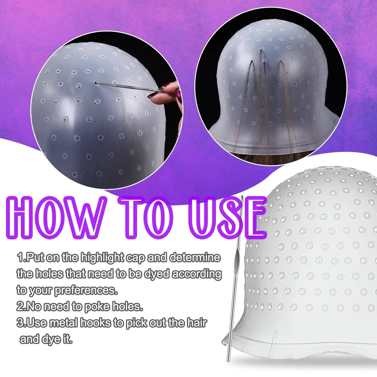 Silicone hair highlight caps set, perforated domes with two metal rods