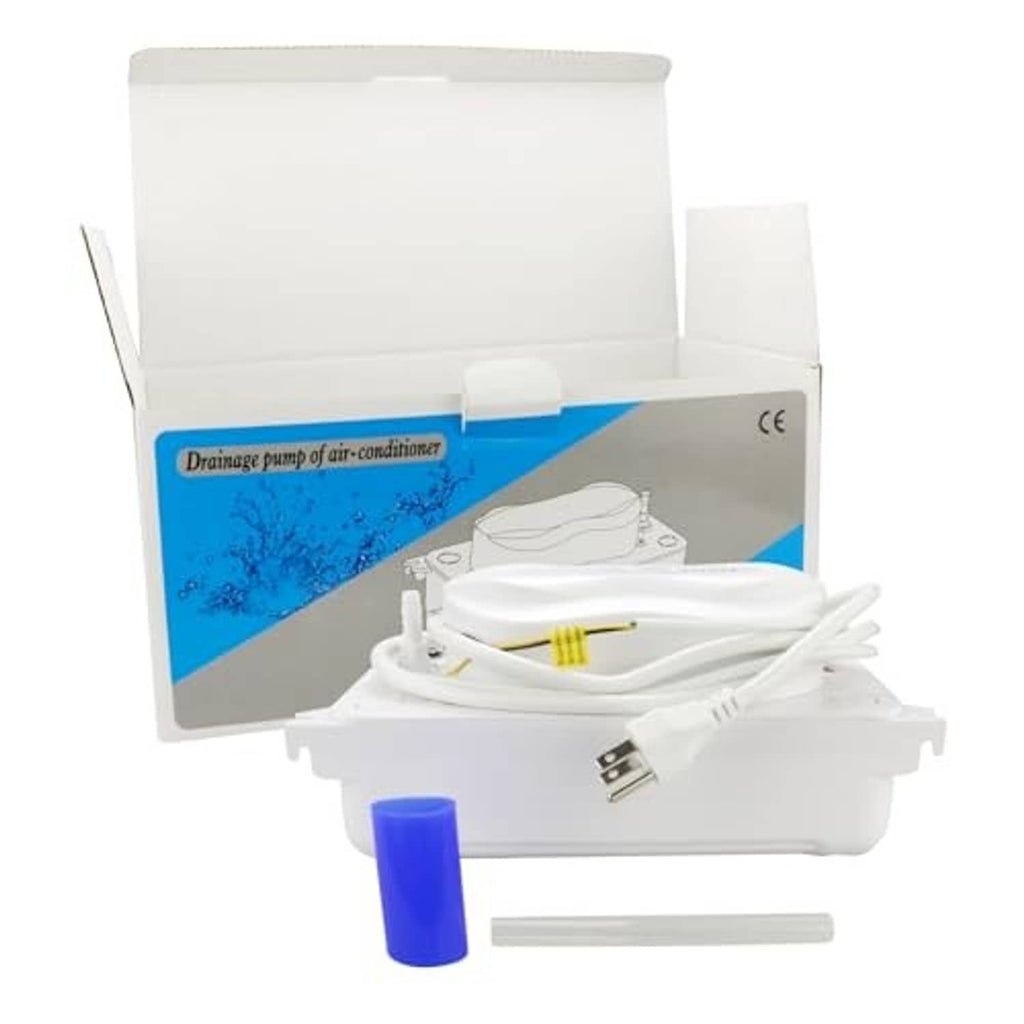 White condensate pump kit in an open box with hoses and a blue inlet cap.