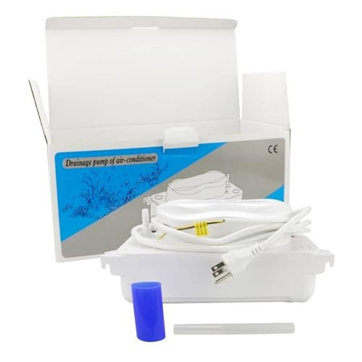 White condensate pump kit in an open box with hoses and a blue inlet cap.