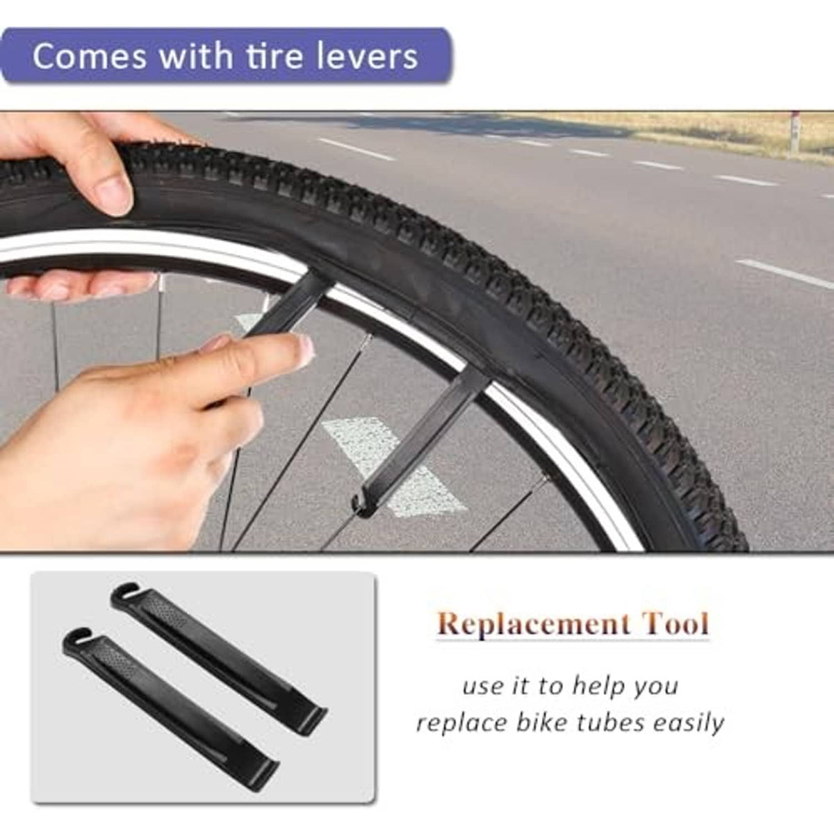 Bike tire lever set included, shown replacing inner tube on a road wheel