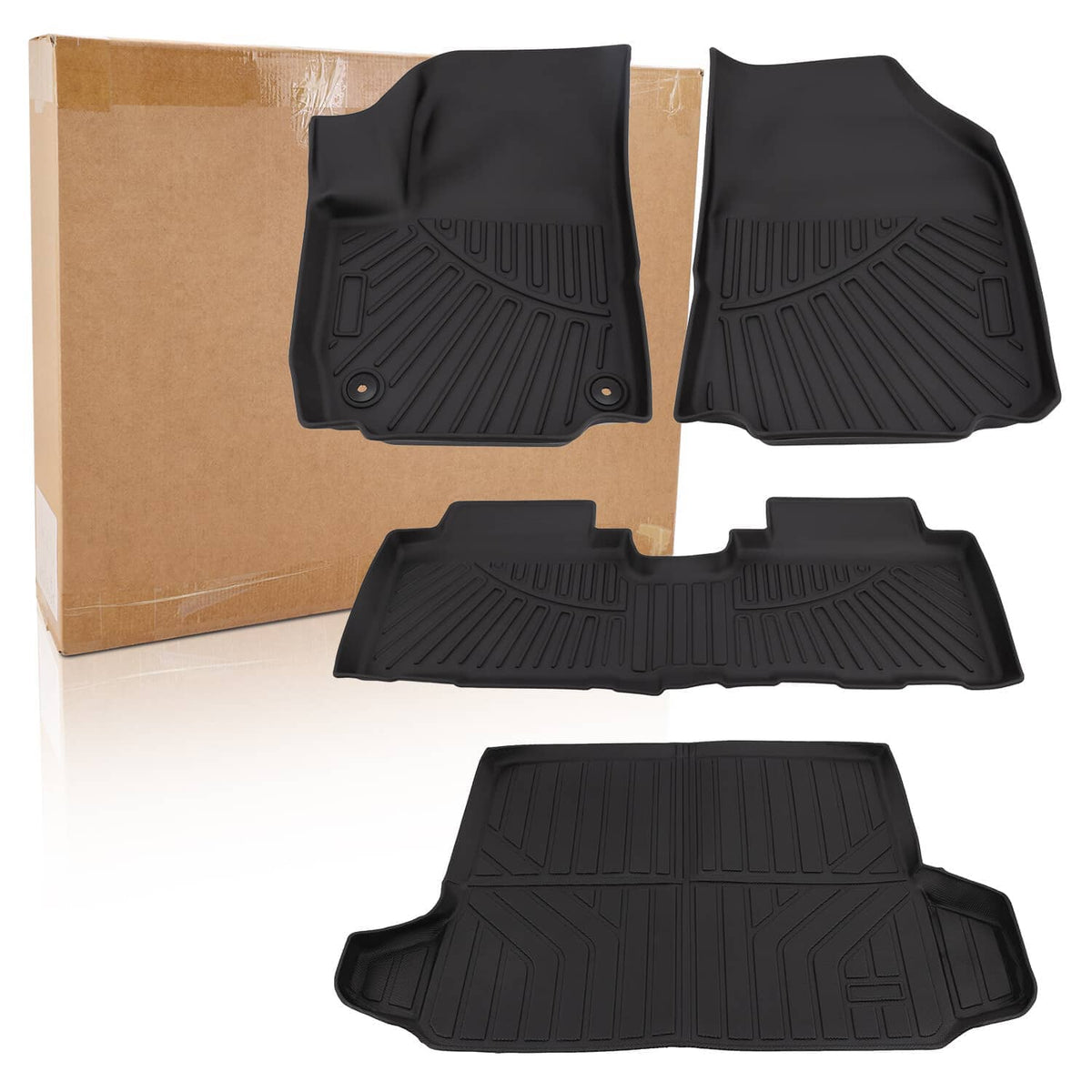Set of black 3D car floor mats with textured channels and molded anchor points