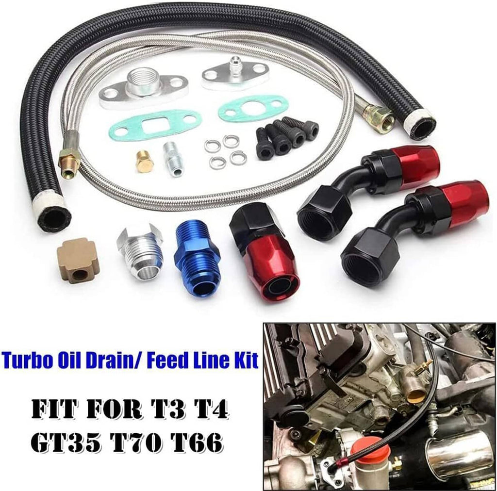 Turbo oil drain and feed line fitting kit with black hoses, red/blue adapters, and tees