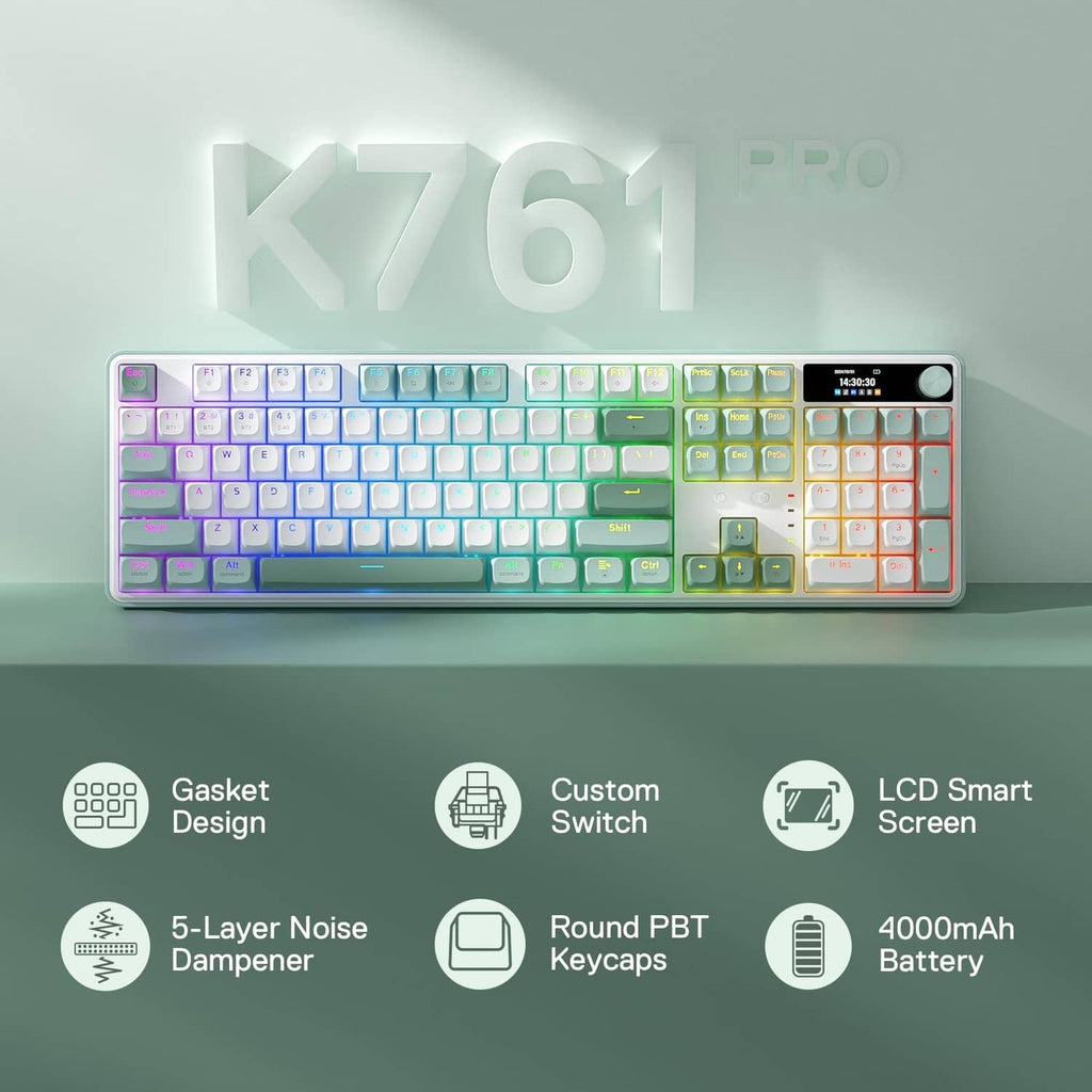 Wireless gaming keyboard with mint round PBT keycaps and bright multi-zone RGB lighting