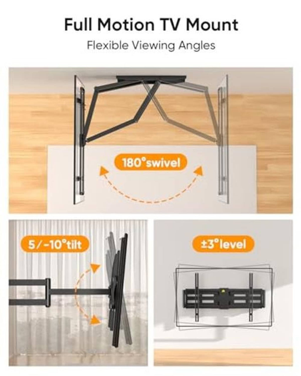 Articulating full motion TV wall mount bracket with swivel and tilt mechanism, black