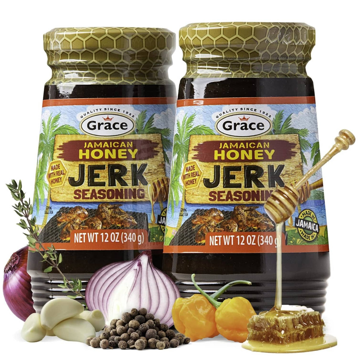 Grace Jamaican Honey Jerk seasoning jars, two 12 oz bottles with honey and jerk labels.