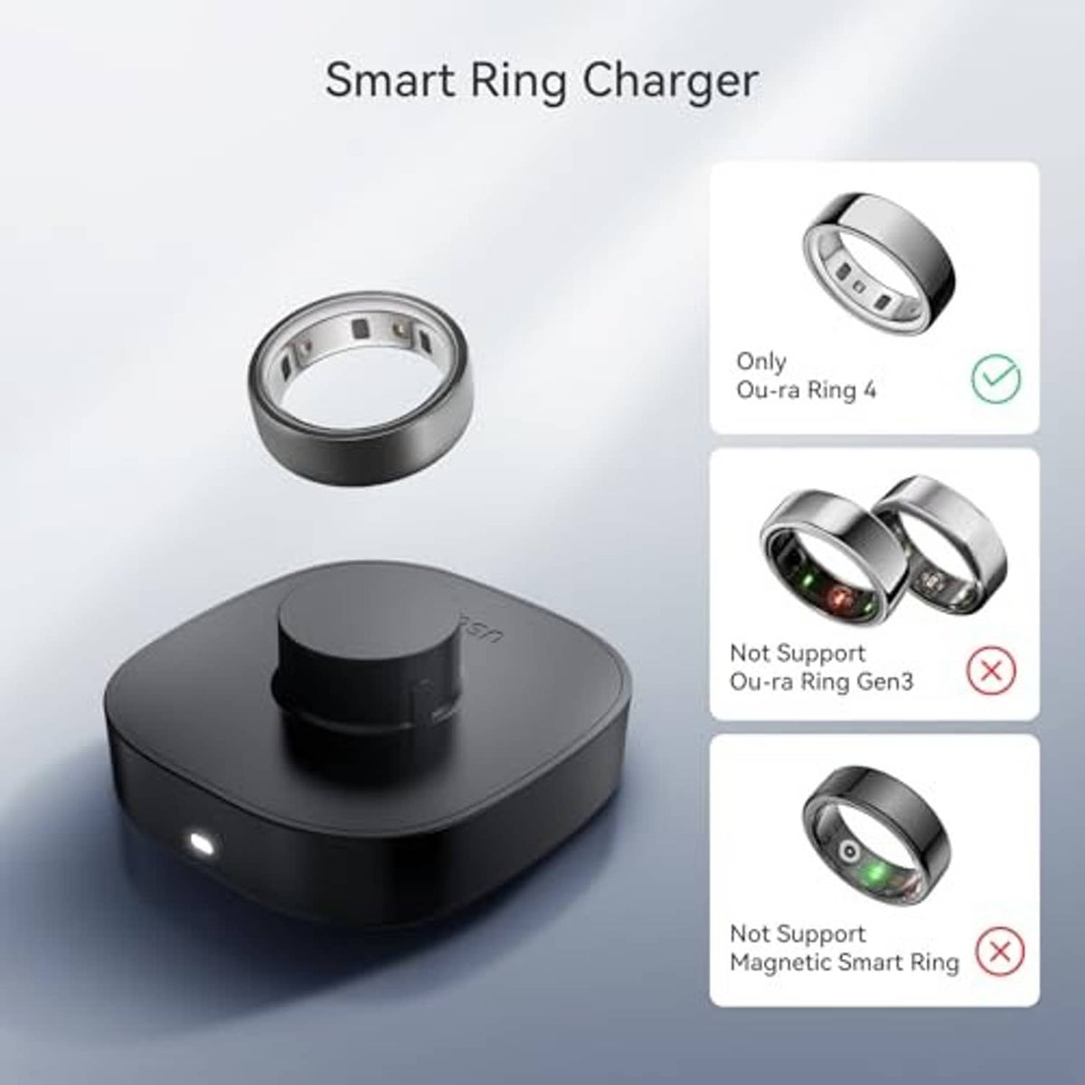 Smart ring charger with ring cradle on a compact charging base