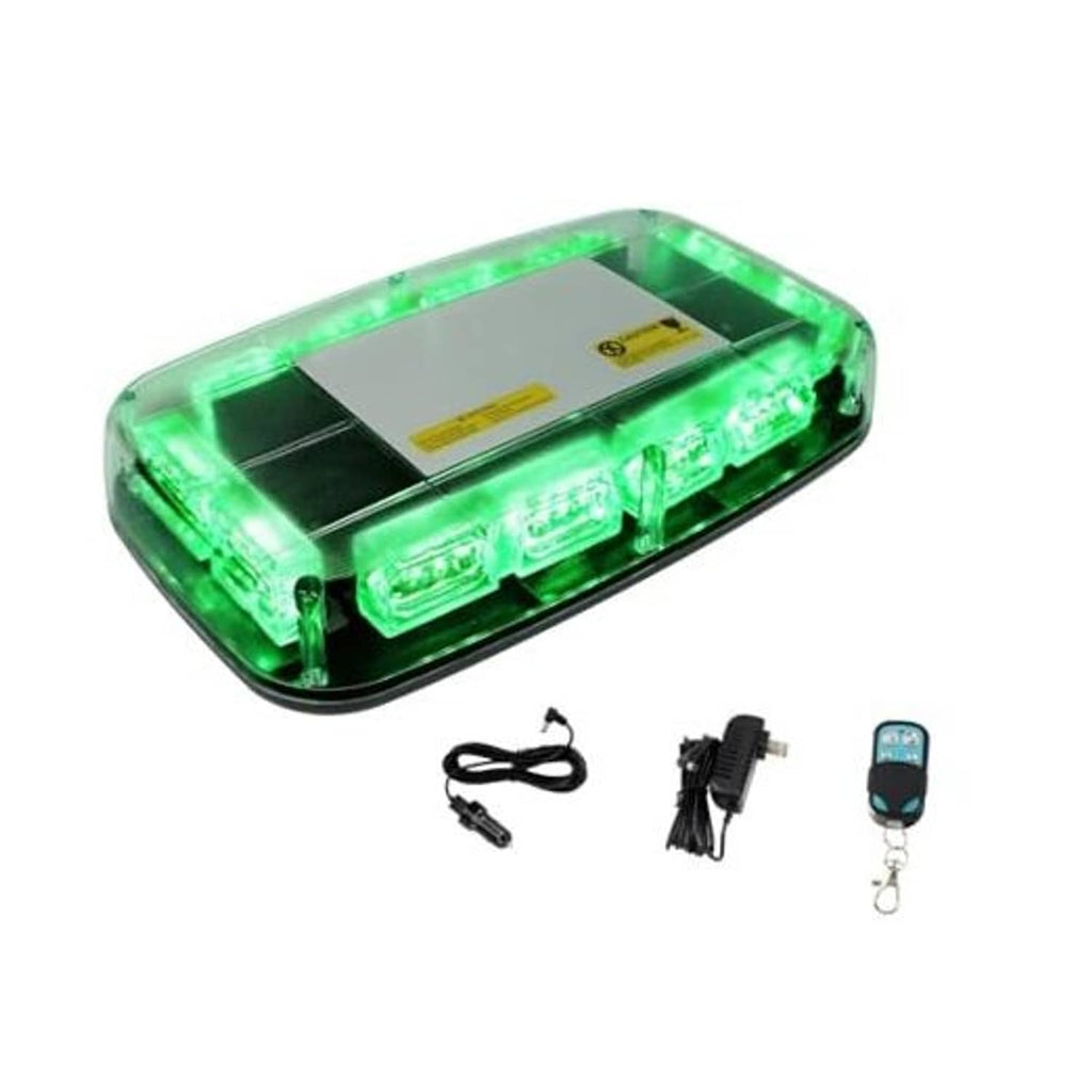 Green rechargeable roof strobe light with clear housing and LED light bar