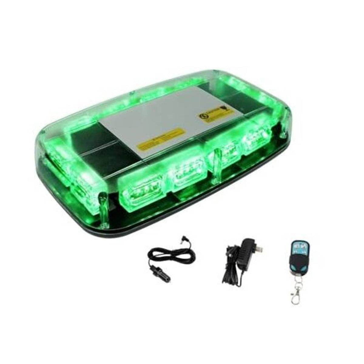 Green rechargeable roof strobe light with clear housing and LED light bar