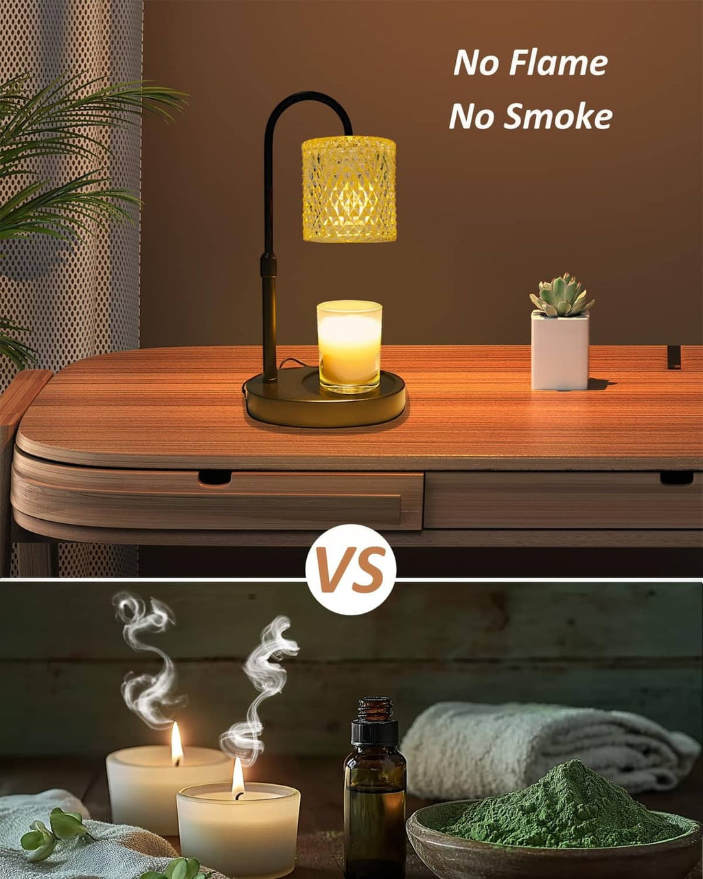 Black candle warmer lamp with amber lantern shade and lit candle on tabletop