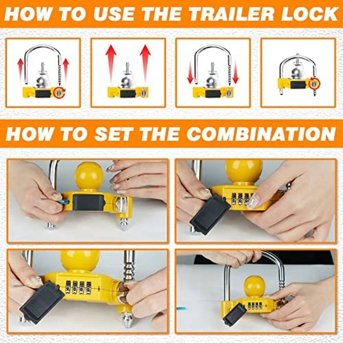 Yellow trailer hitch lock with hands adjusting combination dials on the black cover
