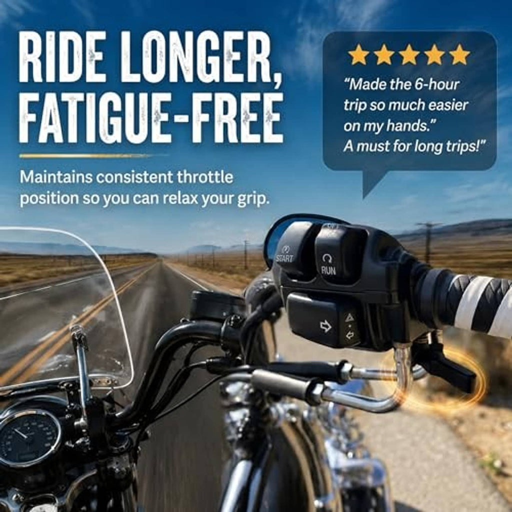 Throttle lock/cruise control lever mounted on motorcycle handlebar, black housing