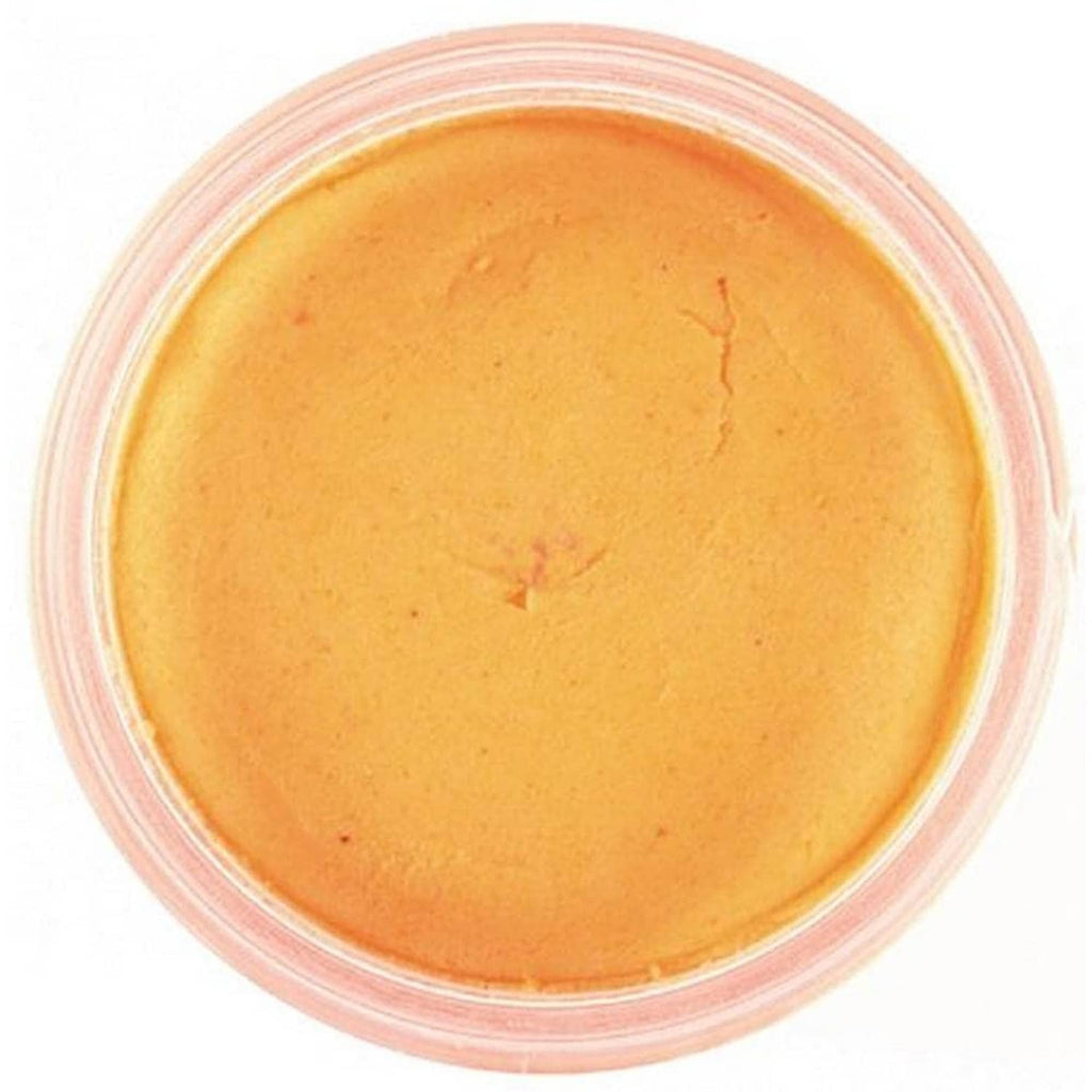 Orange peach moldable floating fishing bait disk in clear round container