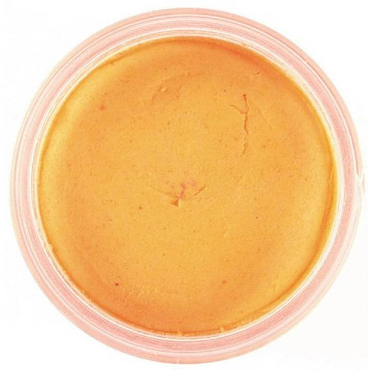 Orange peach moldable floating fishing bait disk in clear round container