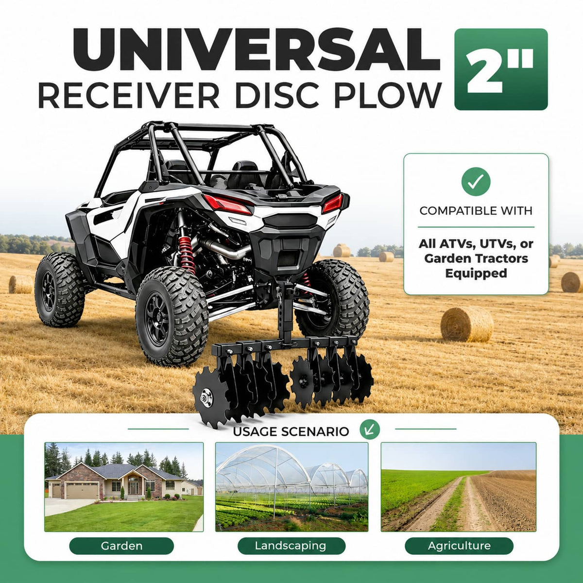 Universal 2-inch receiver disc plow harrow with multiple curved disc blades