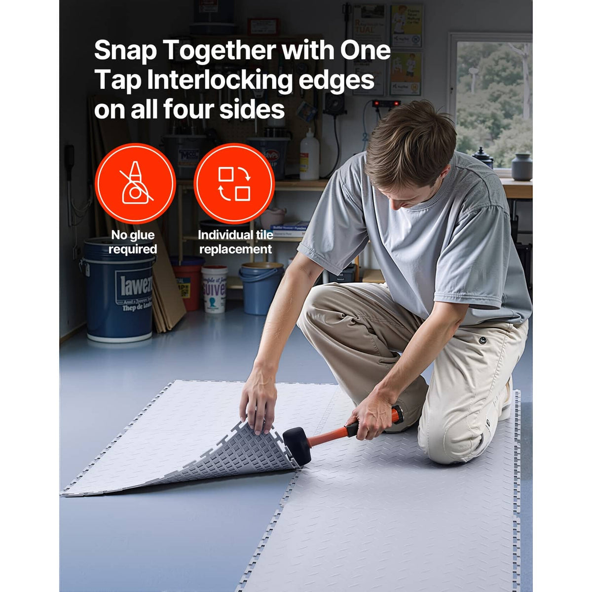 Interlocking PVC floor tiles with snap-together edges being installed