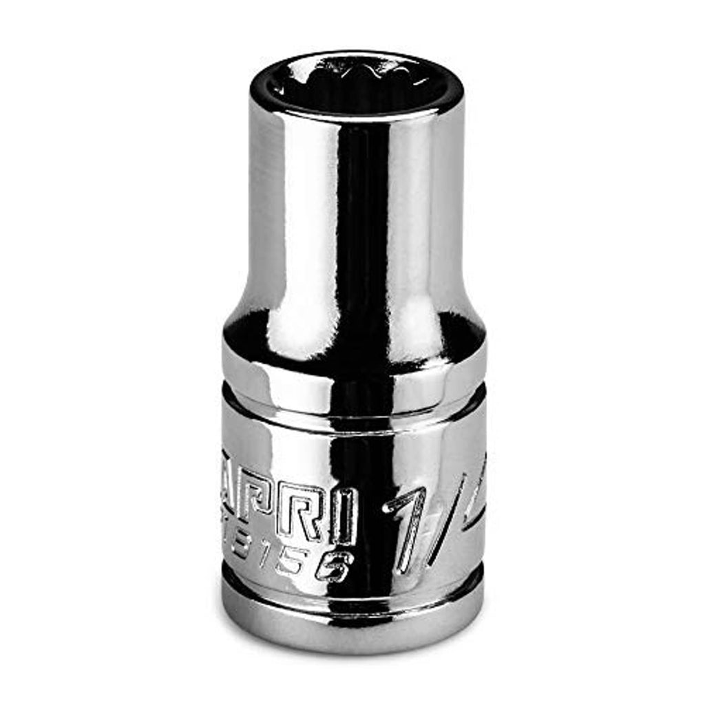 Chrome shallow socket with 1/4-inch drive end, 12-point SAE marking detail