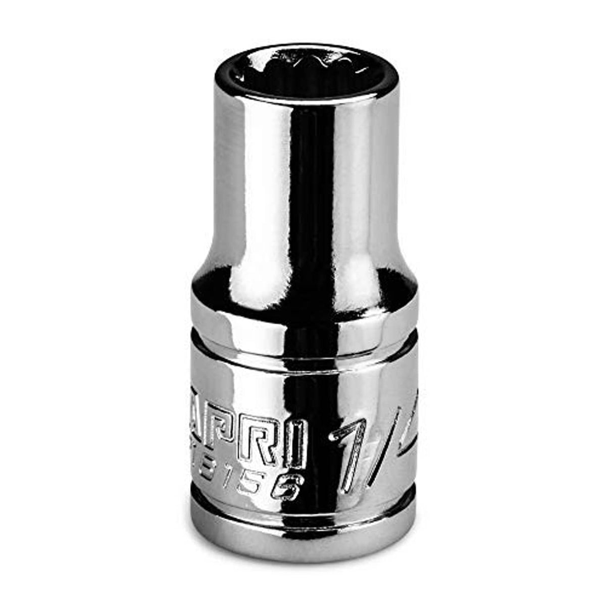 Chrome shallow socket with 1/4-inch drive end, 12-point SAE marking detail
