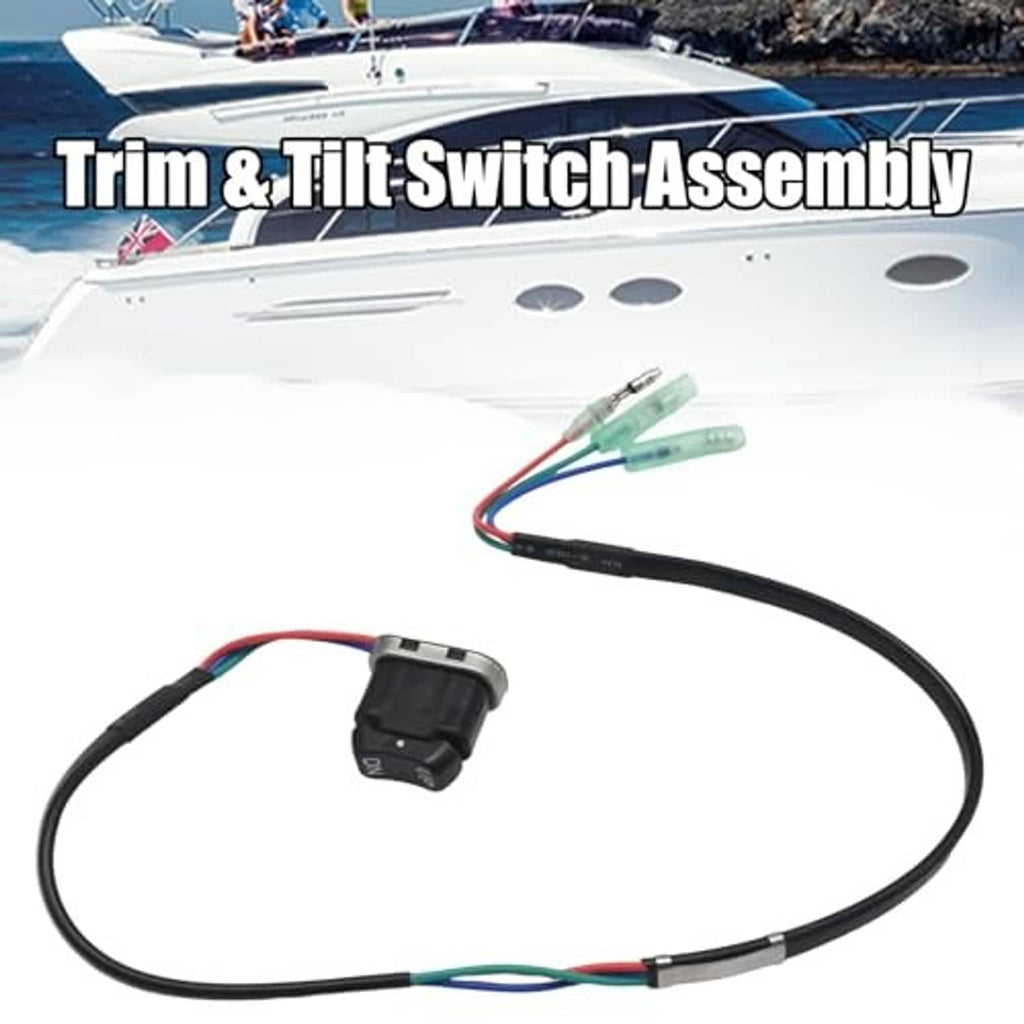 Trim and tilt switch assembly with black wiring harness, switch module, and green terminals