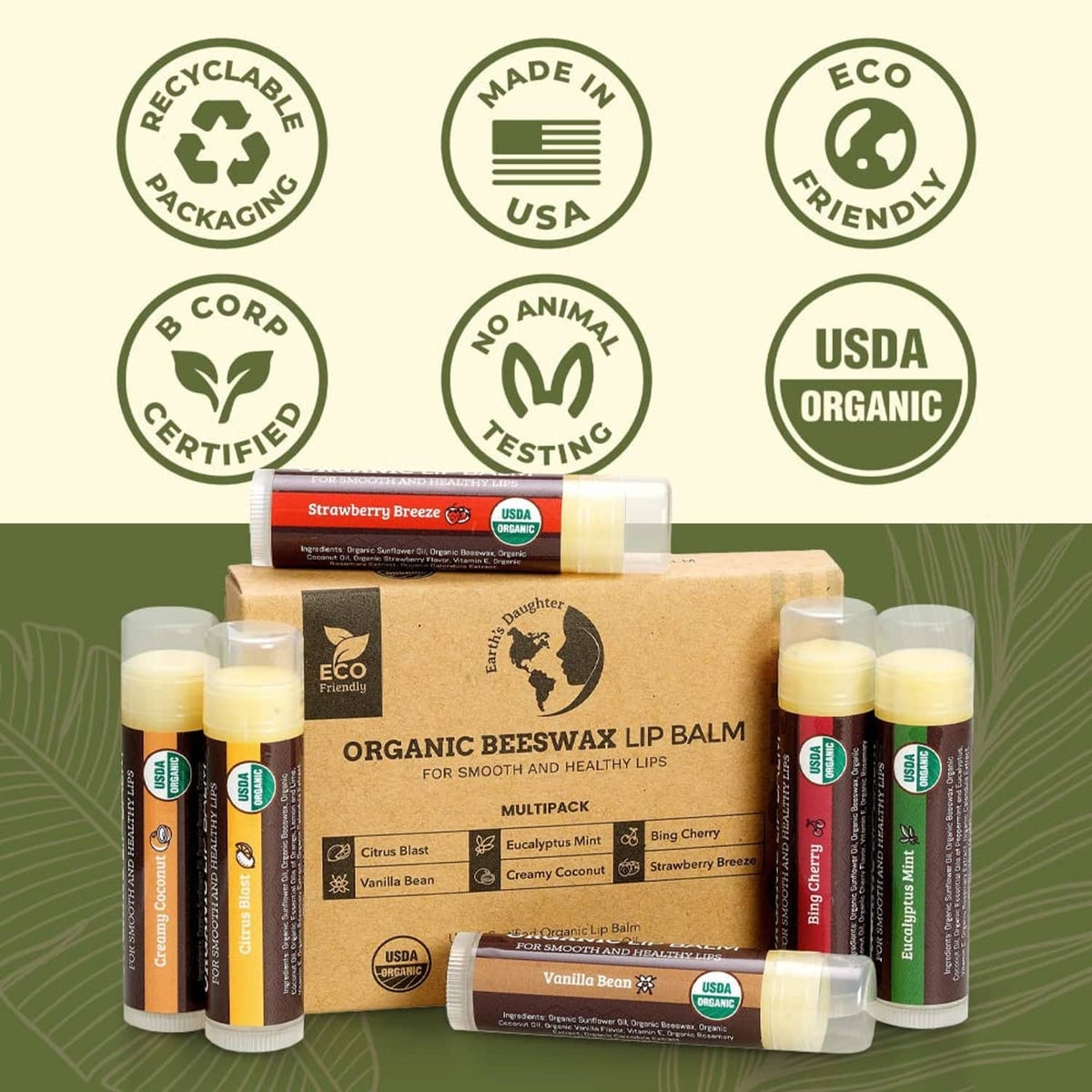 Organic lip balm multipack with cardboard box and six labeled tubes