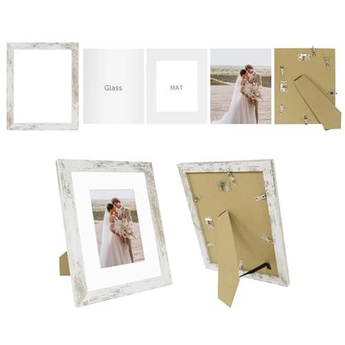 Distressed white 8x10 photo frame set of two with front and back views
