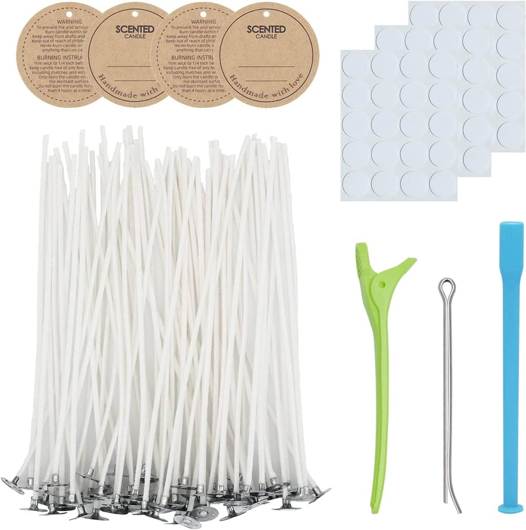 Cotton candle wick kit with rows of white wicks and tools: green handle, rod, blue spacer