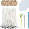 Cotton candle wick kit with rows of white wicks and tools: green handle, rod, blue spacer