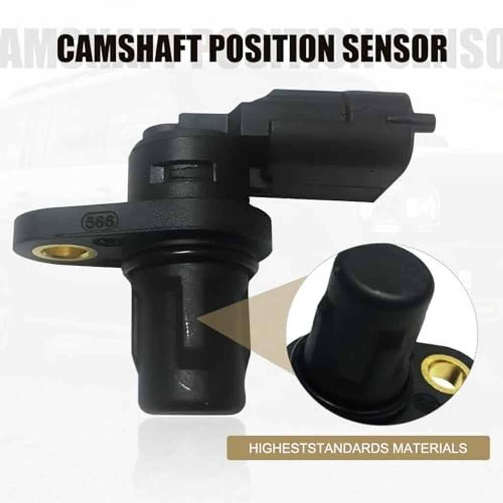Black camshaft position sensor with gold mounting hole and close-up detail view